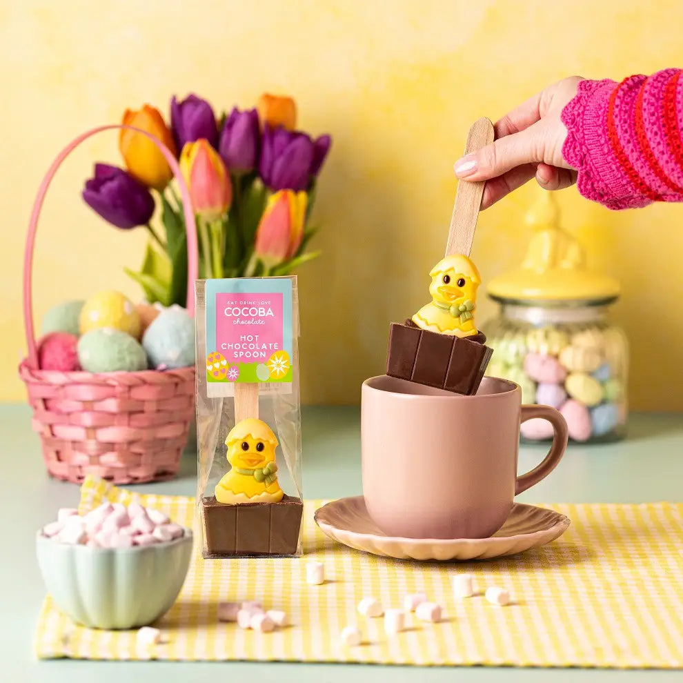 Easter Duckling Milk Hot Chocolate Spoon with a decorative white chocolate duckling, ideal for festive celebrations.