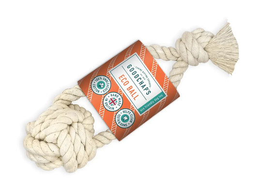 Eco Ball natural cotton dog rope toy for fetch, handcrafted, eco-friendly.
