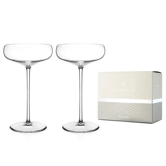 Elegant pair of crystal champagne saucers in gift box.