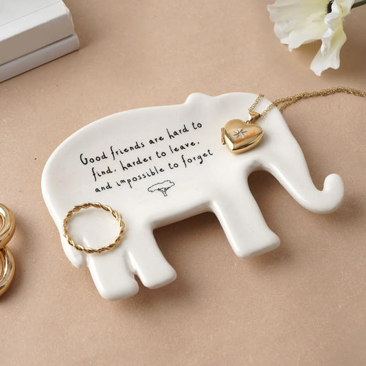 Elephant-shaped ceramic ring dish with sentimental quote.