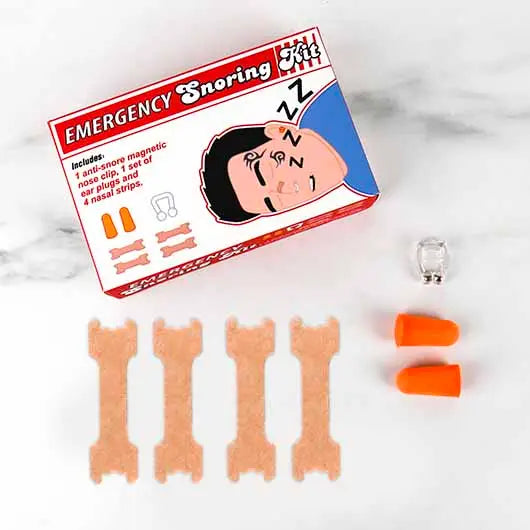 Emergency Snoring Kit with nose clips and strips for reducing snoring.