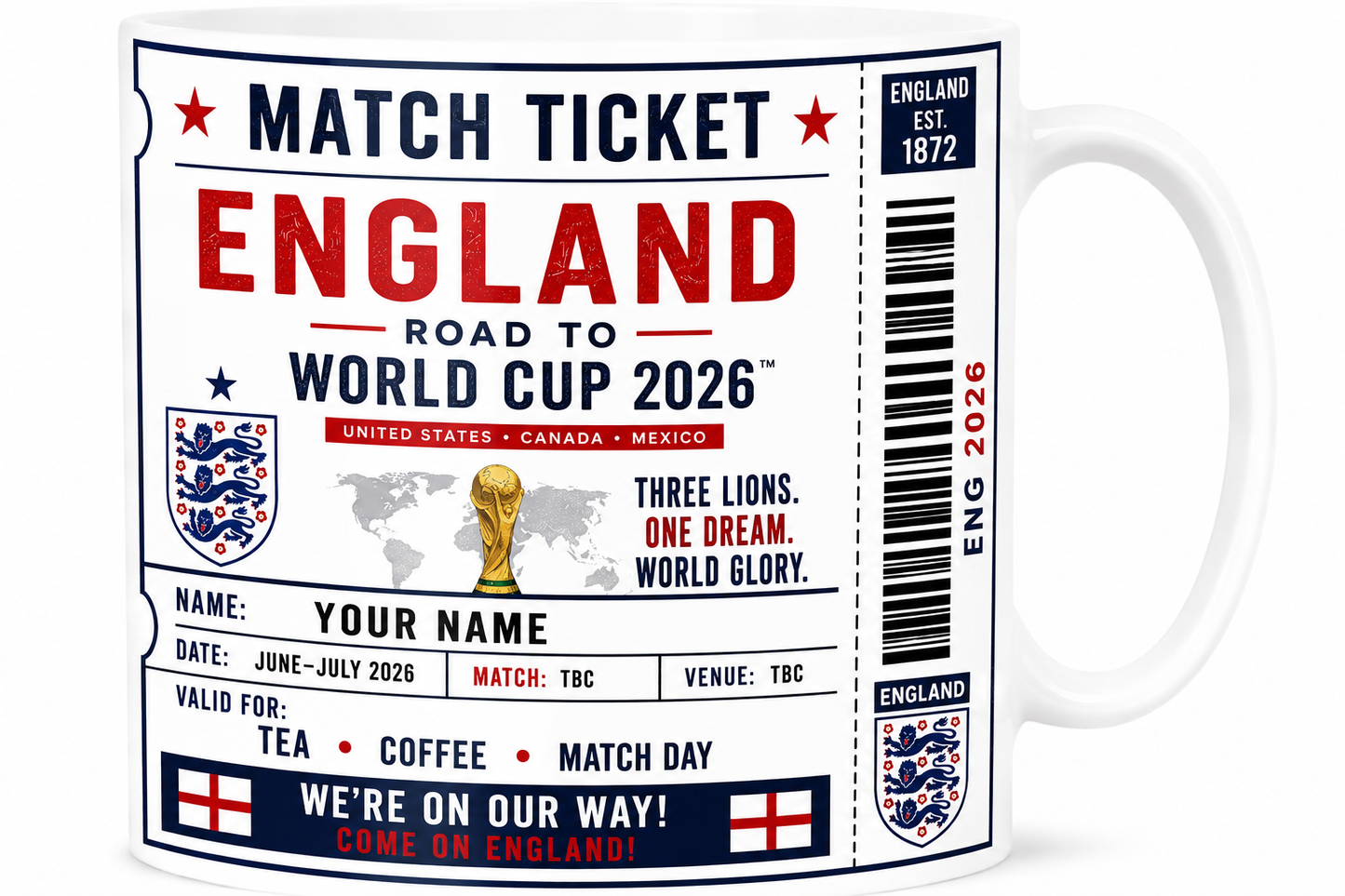 Mug with England World Cup 2026 themed design featuring a ticket-like label.