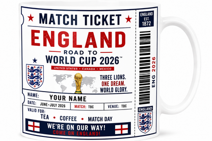 Mug with England World Cup 2026 themed design featuring a ticket-like label.