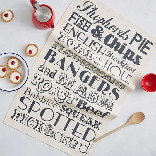 Nostalgic classic English meals tea towel with vintage design showcasing beloved dishes like fish and chips.