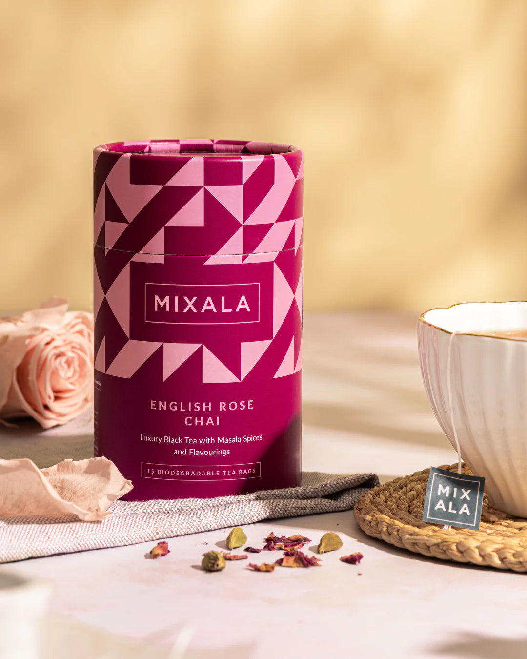 Mixala Chai English Rose blend in biodegradable tea bags with rose petals and spices