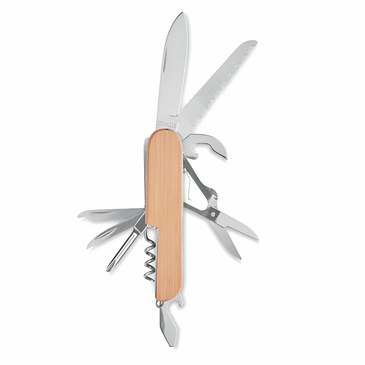 Multitool with wooden handle on a white background