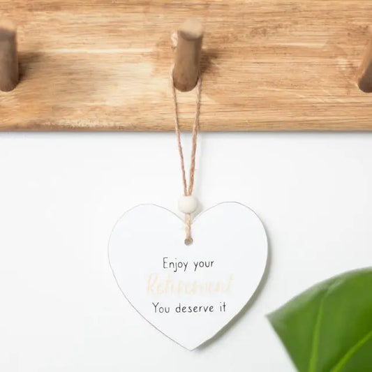 Elegant wooden heart with "Enjoy Your Retirement"—a perfect keepsake or gift for any retiree.