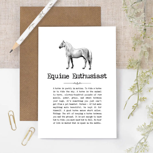 Equine Enthusiast Card featuring a vintage horse illustration with heartwarming quotes, perfect for horse lovers.