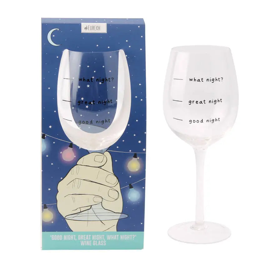 Amusing wine glass with cheeky 'What Night?' design, perfect funny gift for wine lovers.