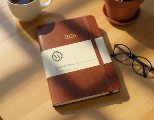 Wykeham Executive Journal in hardback gift box, featuring daily pages, monthly planner spreads, public holiday listings, premium paper & back pocket.