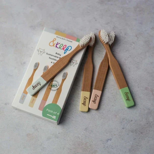 Pack of 4 extra soft baby bamboo toothbrushes with BPA-free bristles and eco-friendly packaging.