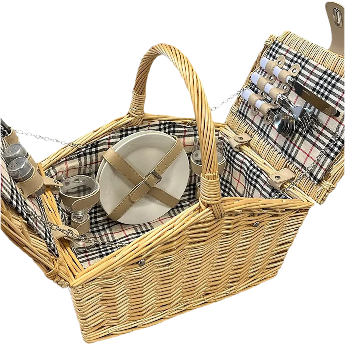 A two person picnic basket with nude faux leather fastenings, equipped with your picnic essentials.  