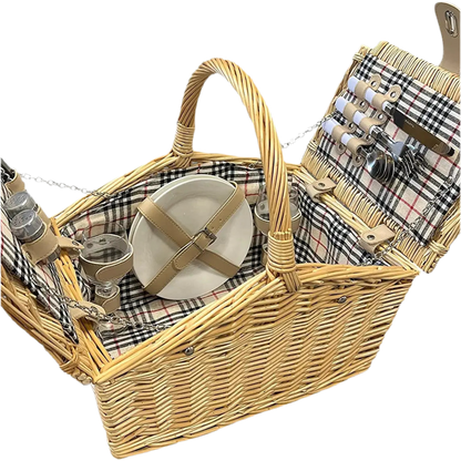 A two person picnic basket with nude faux leather fastenings, equipped with your picnic essentials.  