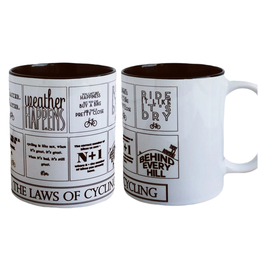 Weather happens, the laws of cycling mug.