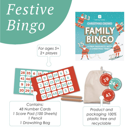 Festive bingo set with cards, score pad, pencil, and drawstring bag on a white background.