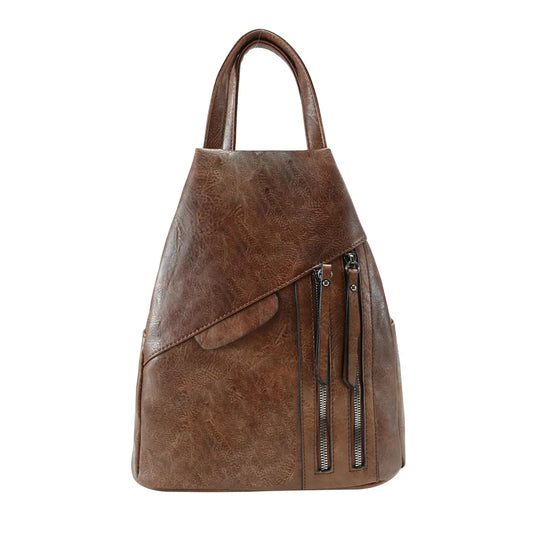 Stylish faux leather backpack with exterior zippers. 