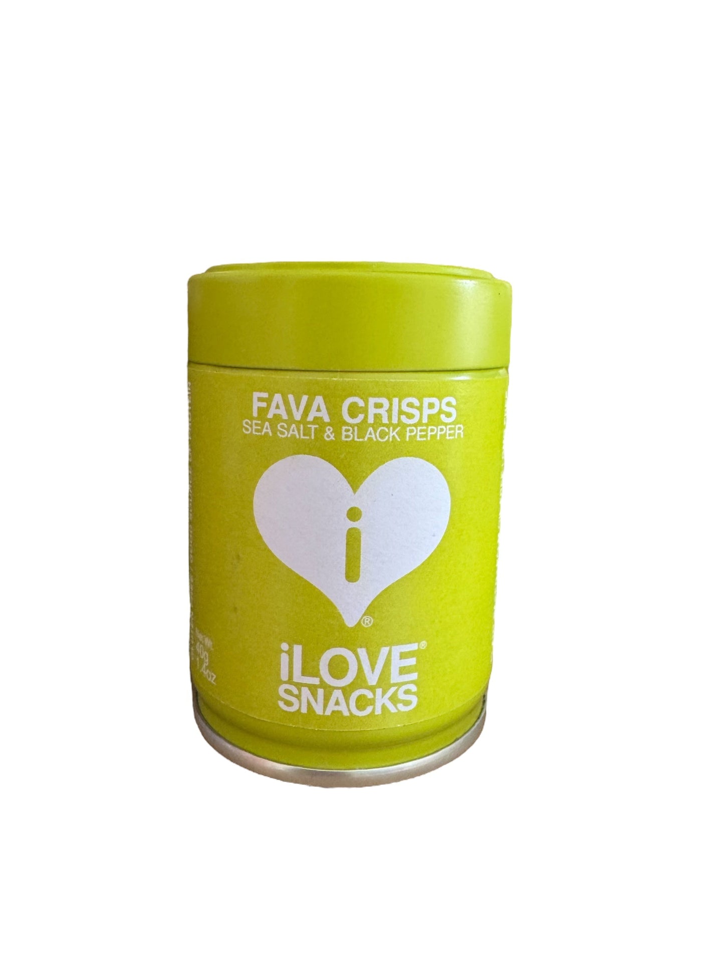 Sea Salt & Black Pepper Fava Crisps Tin with green packaging, vegan snack option.