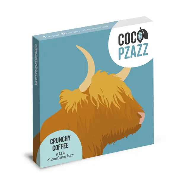Coco Pzazz Fiddy & Mabel crunchy coffee milk chocolate bar in illustrated packaging, 80g