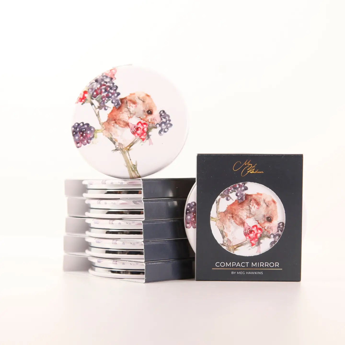 Watercolour field mouse compact mirror featuring Meg Hawkins’s artwork, a small handbag-sized mirror perfect for everyday use or gifting.
