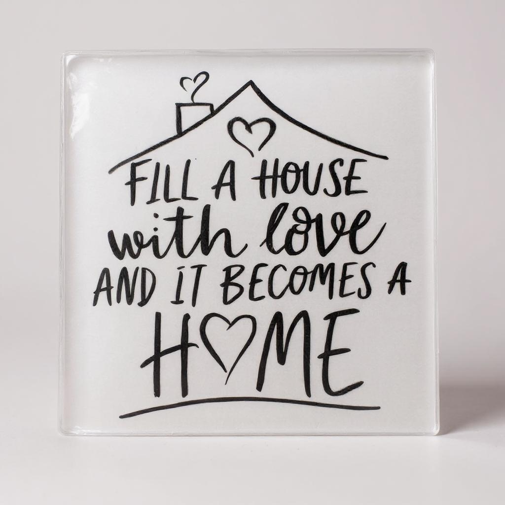 10cm glass coaster with the quote “Fill a house with love and it becomes a home” – ideal for heartfelt home décor or gifting.