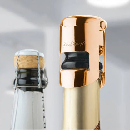 Stylish copper champagne bottle stopper with silicone seal for freshness retention.