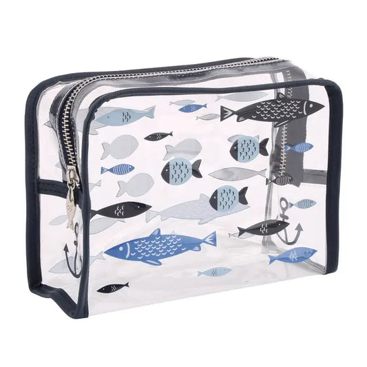 Clear wash bag with fishing motif design and playful fish patterns.