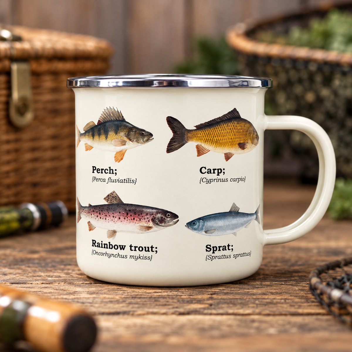 An off-white enamel camping mug with a silver rim, featuring illustrations of four different fish (Perch, Carp, Rainbow trout, and Sprat) with their scientific names printed below. The mug is set on a rustic wooden table with blurred fishing gear and baskets in the background.