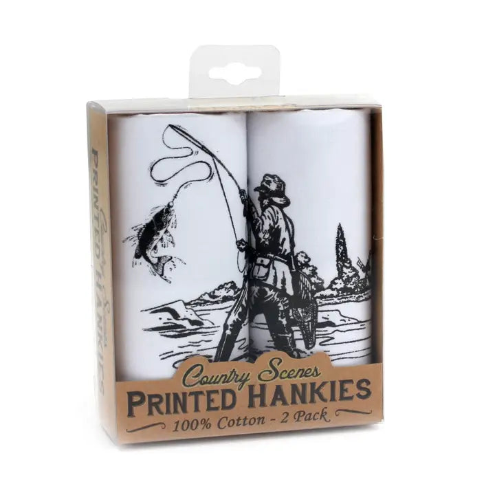 Fishing themed handkerchief gift set, 100% cotton, featuring a fishing scene design.