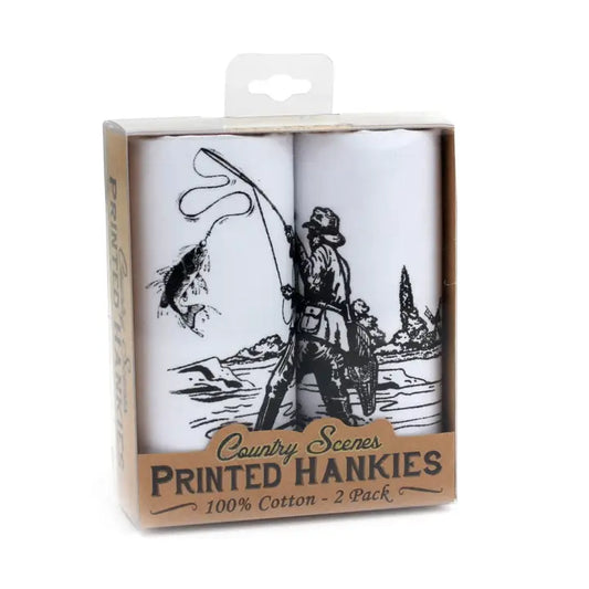 Fishing themed handkerchief gift set, 100% cotton, featuring a fishing scene design.