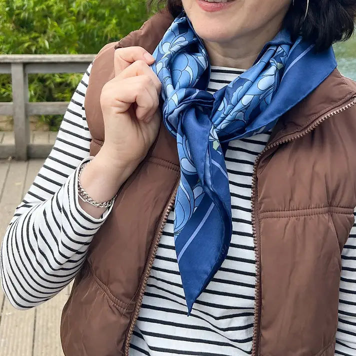 Rumi London's silk scarf: 100% silk, British-made, with floral print & hand-rolled edges.