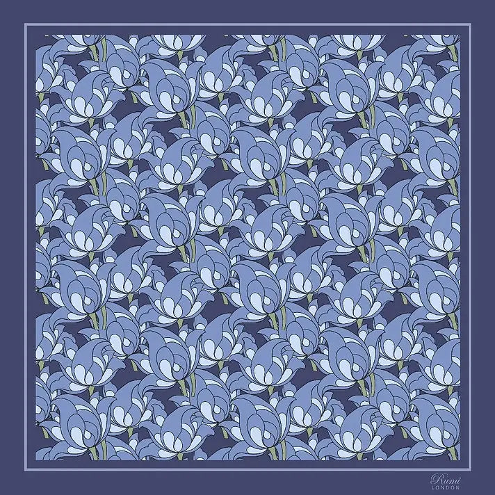 Floral Square Silk Twill Scarf - Blue