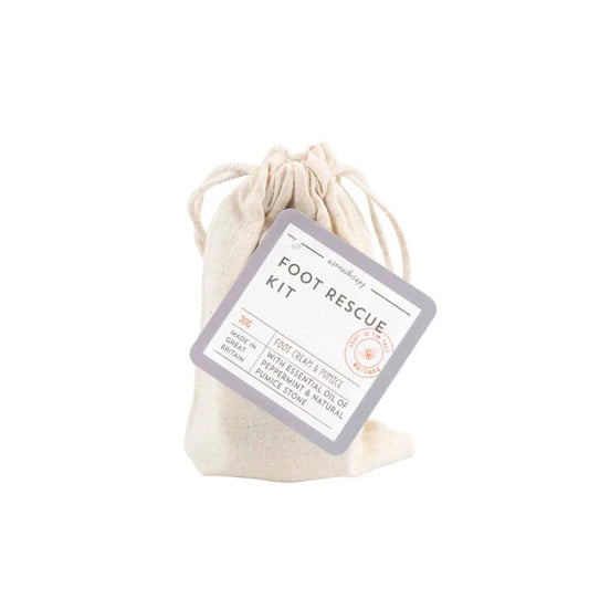 Soothing Aromatherapy Foot Rescue Kit in a beige drawstring bag, perfect for foot care and rejuvenating tired feet.