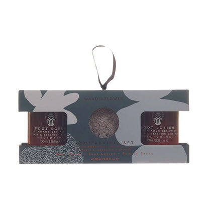 Geranium & Orange foot care set with 100ml foot scrub, foot lotion, and natural pumice stone arranged on a spa-style background.