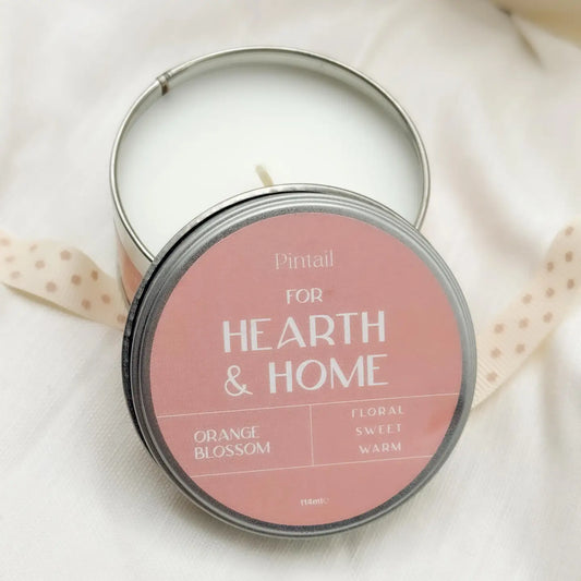 Hearth and Home Candles in Orange Blossom scent with lid, hand-poured vegetable wax.