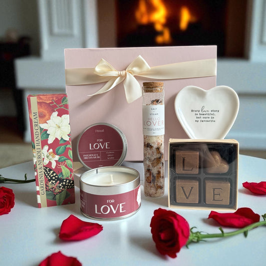 Romantic gift set with candle, bath salts, hand cream, LOVE chocolates, and trinket dish – perfect for Valentine’s or anniversaries.