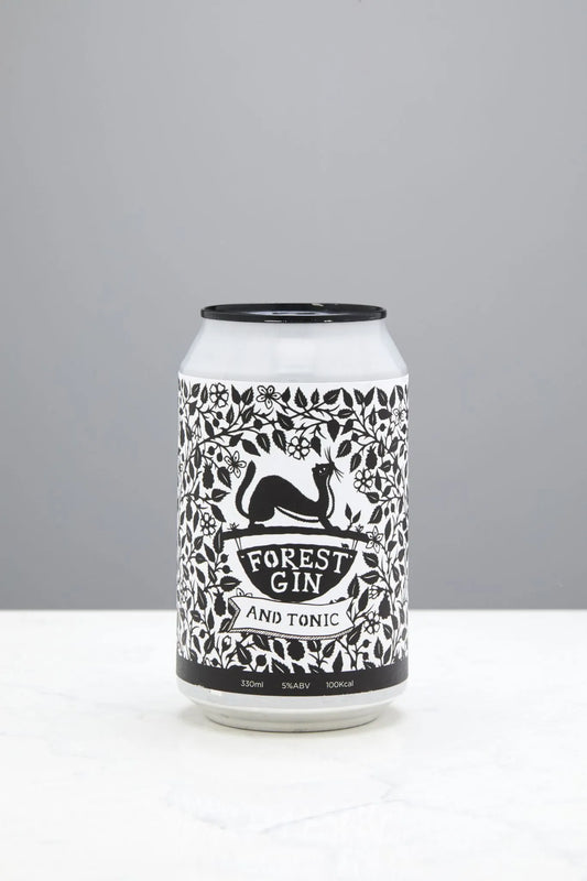 Forest Gin, natural tonic & lime. Wild botanicals, 5% ABV, 100 cals. Crisp, cloudy & refreshing.