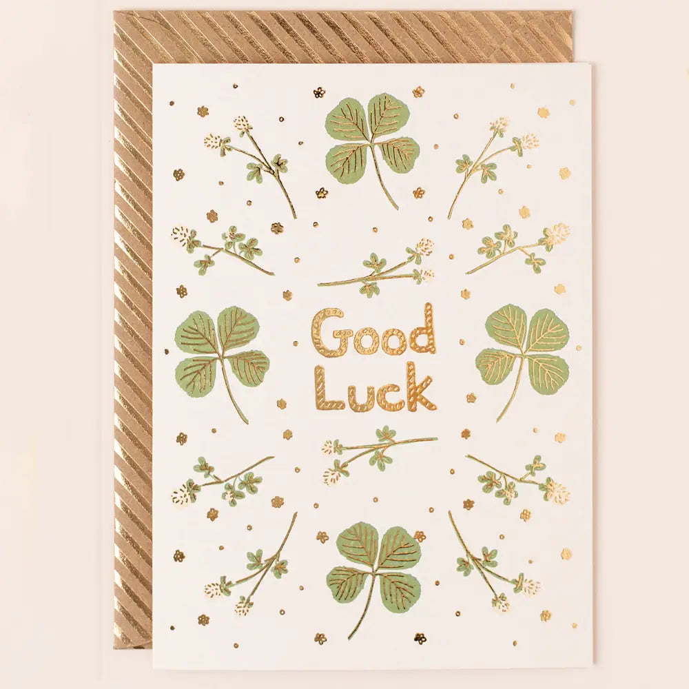 Apple & Clover contemporary gold foiled four-leaf clover good luck greetings card with luxury gold-striped envelope.