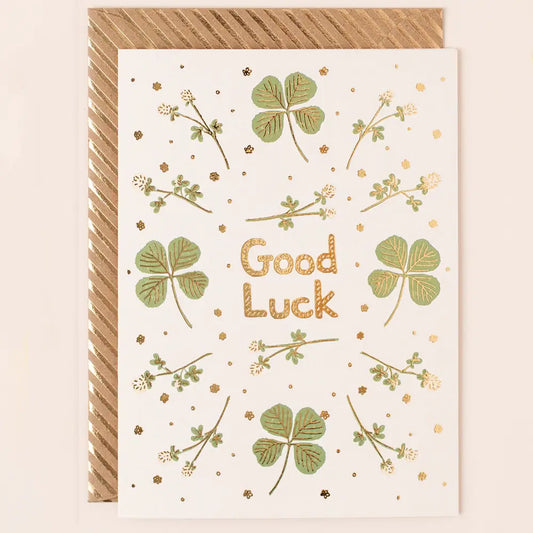 Apple & Clover contemporary gold foiled four-leaf clover good luck greetings card with luxury gold-striped envelope.