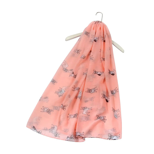 French Bulldog dog print scarf in pink on hanger.