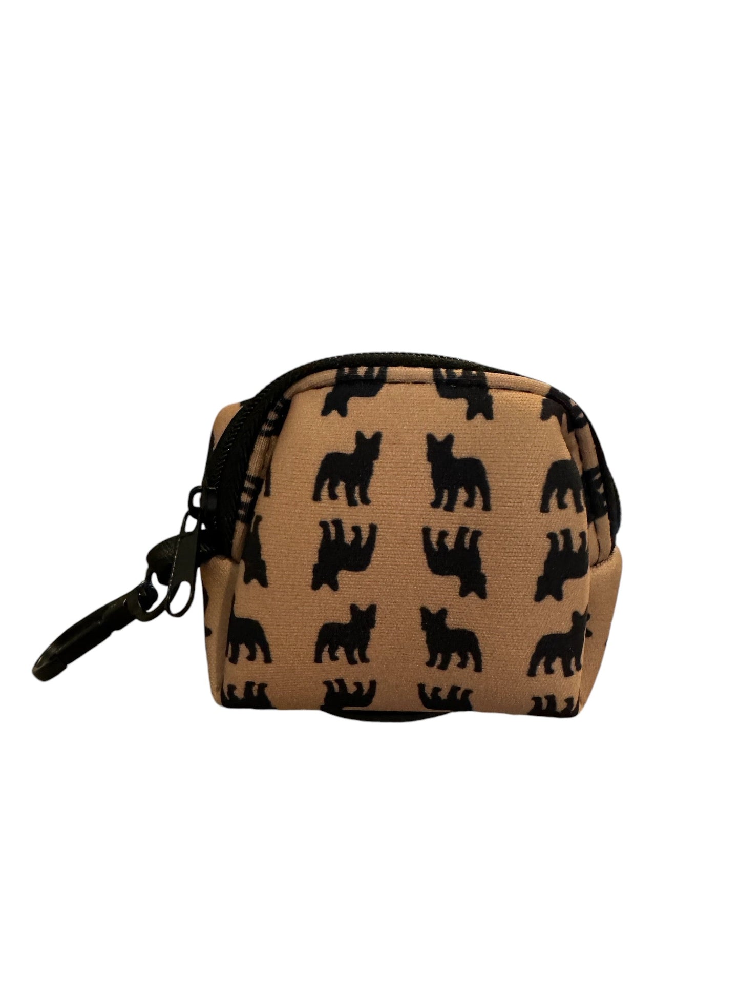 French Bulldog poo bag holder with black dog pattern.