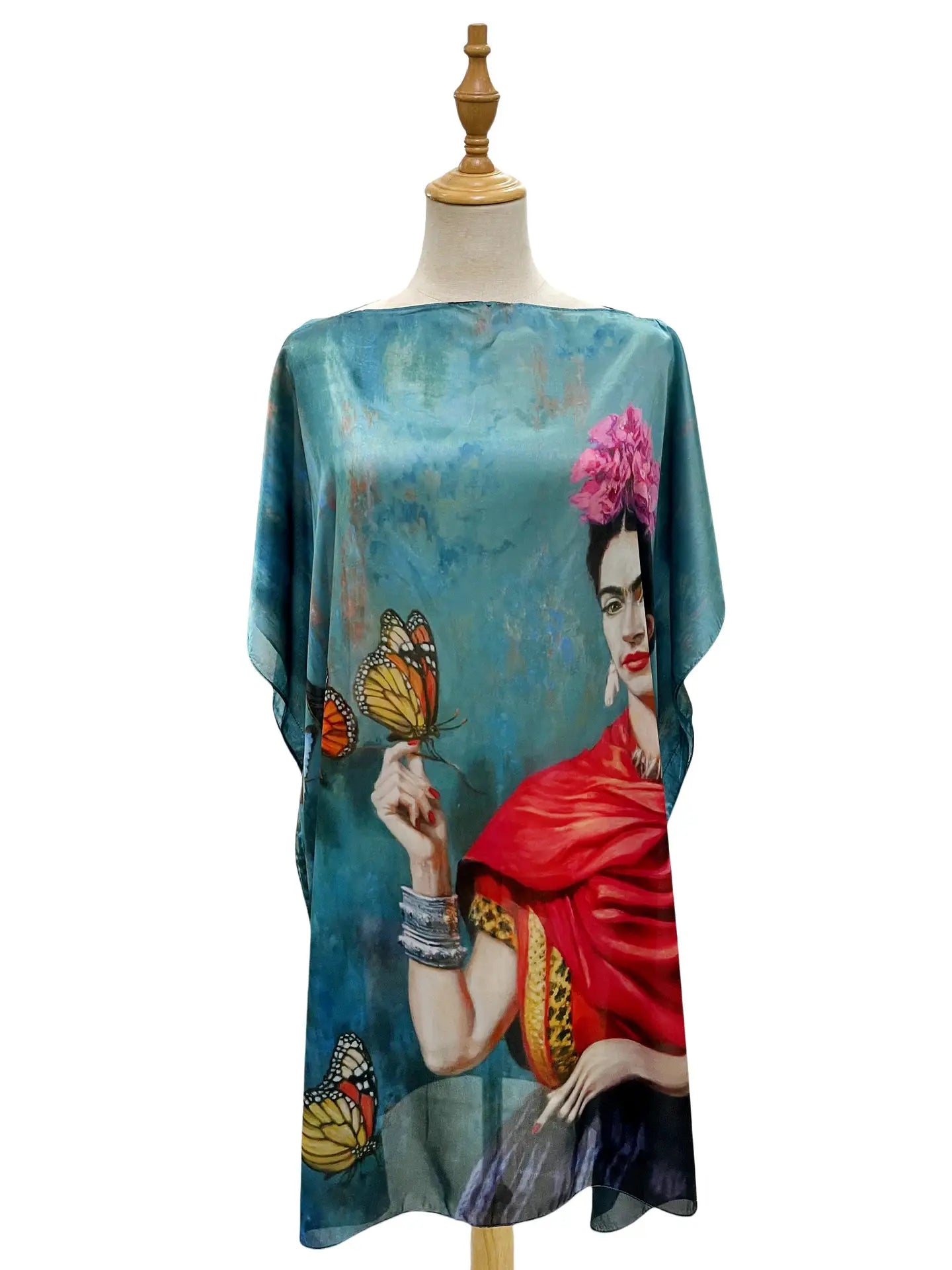 Frida Kahlo Butterfly silk cover up with art impressionist print.