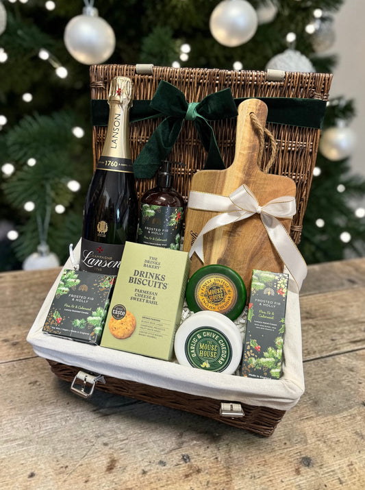 Frosted Fir Cheese & Celebrations Christmas Hamper with a choice of Malbec, Champagne or Prosecco, cheese truckles, biscuits and festive Frosted Fir treats.