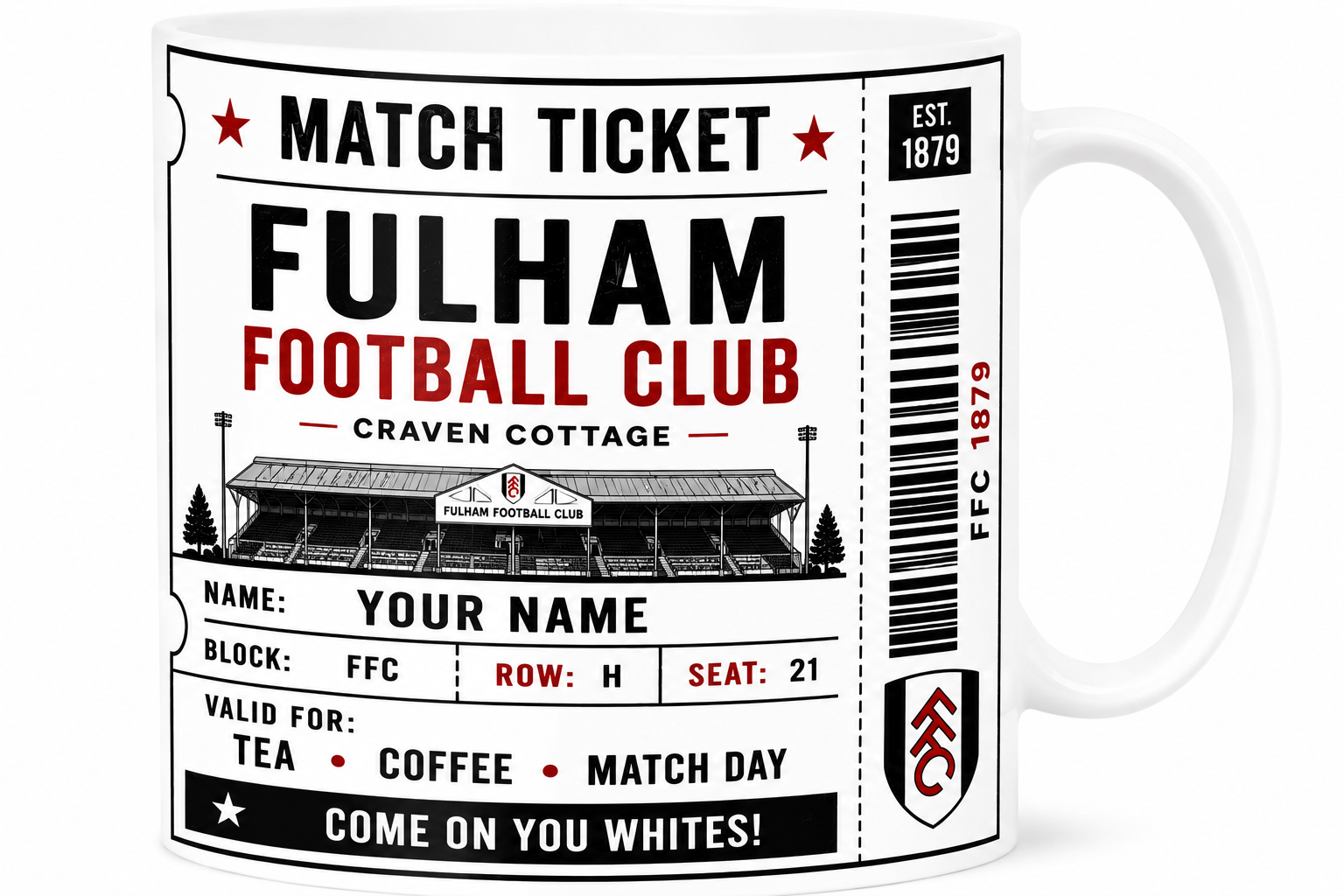 Mug with Fulham Football Club match ticket design on a white background