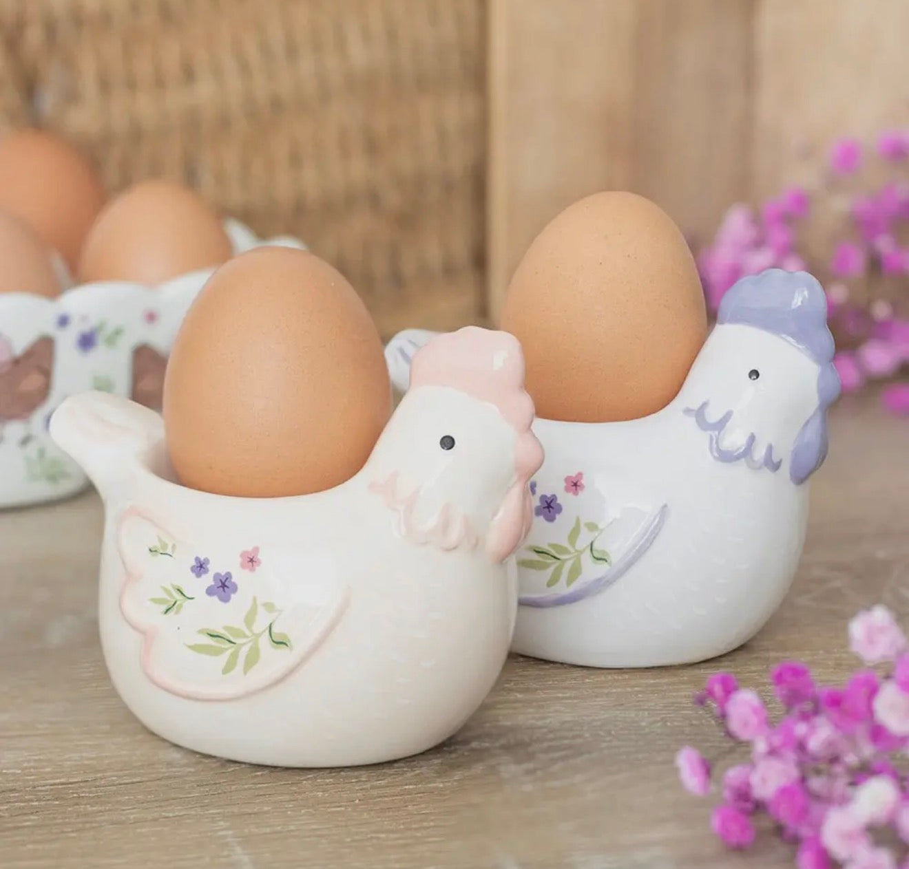 Set of Two Floral Chicken Shaped Egg Cups
