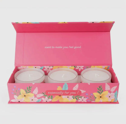 Set of 3 floral pink candles in decorative box, ideal for celebrations and gifting.
