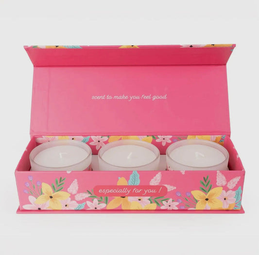 Set of 3 floral pink candles in decorative box, ideal for celebrations and gifting.