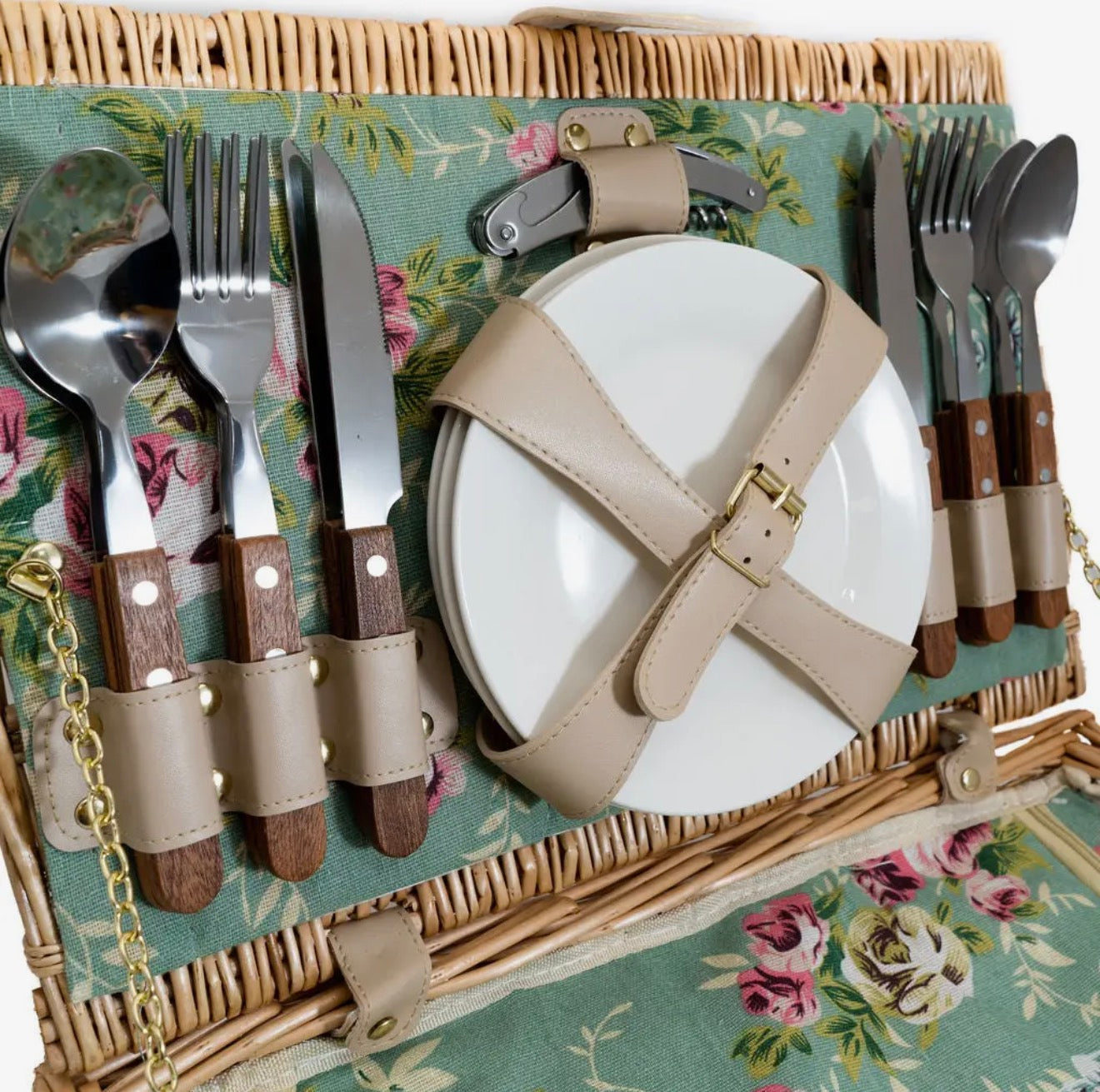 4 Person English Rose Lined Wicker Picnic Hamper