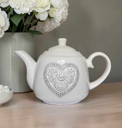 White Ceramic Teapot with Floral
Heart Detail