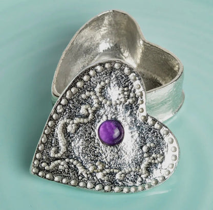 Heart Trinket Box with Amethyst Stone, English Pewter Gifts