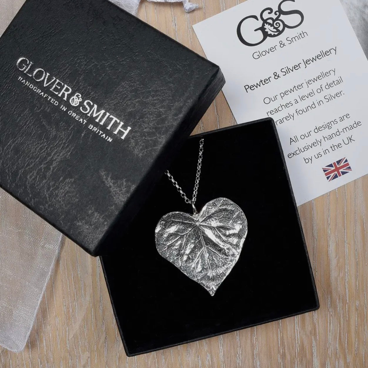 Heart Leaf Necklace on Sterling Silver Chain, English Pewter Jewellery